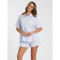 Loungeable Cotton Waffle Short Sleeved Short Pyjama Set - Blue