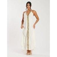 South Beach V Neck Sequin Detail Halter Maxi Dress - White