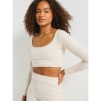 Gym King Women'S Rib Square Neck Long Sleeve Tee - Beige