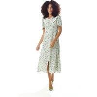 Gingham and Floral Midi Dress in Green and White with Trim Lace Collar