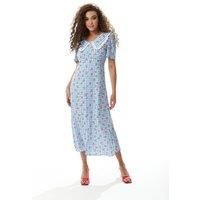 Gingham and Floral Midi Dress in Blue and White with Trim Lace Collar