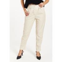 Tapered Leather Look Trousers in Cream