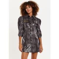 Mini Dress Grey Wet Look Zebra Stripe