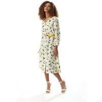 Yellow Floral Midi Shirt Dress in White with Belt