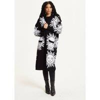 Liquorish Women's Black Sunface Print Longline Cardigan | Size: Small