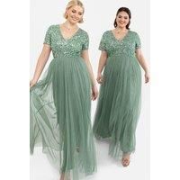 Maya Deluxe Women's Short Sleeve V Neck Embellished Maxi Dress in Dark Green | Size: 16