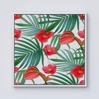 Warren Reed - Designer Tropical Flowers & Palm Leaves Hawaiian Framed Canvas in Off-White | Size: W30" x H30"