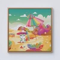Warren Reed - Designer Kitten On A Beach Holiday Framed Canvas in Light Brown | Size: W30" x H30"