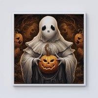 Warren Reed - Designer Spooky White Ghost Holding Pumpkin Framed Canvas in Off-White | Size: W16" x H16"