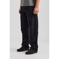 Mens Relaxed Fit Applique Denim Jean - Washed Black