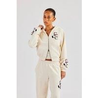 Cropped Washed Layered Applique Zip Hoodie - Off White
