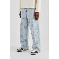 Etched Motif Baggy Fit Jean - Light Blue