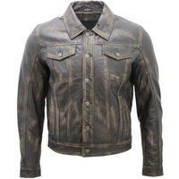Infinity Leather Men's Trucker Slim Fit Leather Shirt Jeans Jacket in Black | Size: 3XL