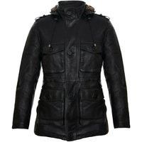 Infinity Leather Men's Hooded Trench Multi-Pocket Overcoat Leather Jacket in Black | Size: Small