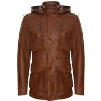 Infinity Leather Men's Hooded Trench Multi-Pocket Overcoat Leather Jacket in Tan | Size: 5XL