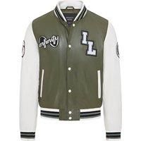Mens Olive Green Baseball Leather Jacket Badges Varsity College Bomber Letterman
