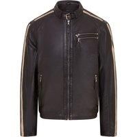 Mens Black Cafe Racer Striped Leather Biker Jacket