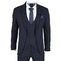 Men's Navy Checked 3 Piece Suit Tailored Fit formal Wedding