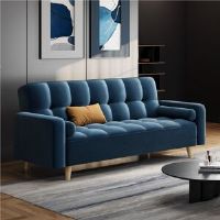 Yaheetech Moda Form 185CM 3 Seater Convertible Settee Sofa Bed With Armrests and 2 Bolster Pillows, Blue Velvet 85cm H X 185cm W X 87cm D