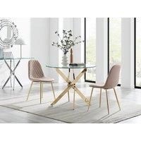 Novara 100cm Round Gold Leg Dining Table & 2 Corona Gold Leg Faux Leather Dinin