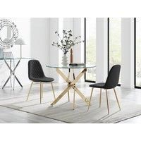 Novara 100cm Round Gold Leg Dining Table & 2 Corona Gold Leg Faux Leather Dinin