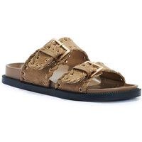 Truffle Collection  Open Toe Flat Slip On Slides  women's Sliders in Brown