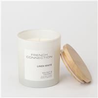 French Connection Pastel Range Scented Container Candle | Shea Butter Wax | Frosted Glass Jar Bamboo Lid | Round Shape | (Medium, Linen White)