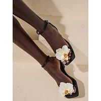 Public Desire Nara Black Satin White Orchid Flower Square Toe Stiletto Mid Heels