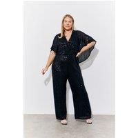 Black Sequin Cape Style Wide Leg Jumpsuit