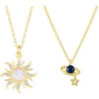 Spero London Women's White Opal Sun & Sunburst & Saturn Necklace Layering Set in Sterling Silver in Gold