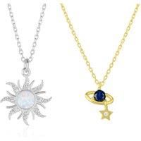 Spero London Women's White Opal Sun & Sunburst & Saturn Necklace Layering Set in Sterling Silver