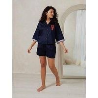 Chelsea Peers Short Button Up Pyjama Set With Lobster Embroidery - Navy