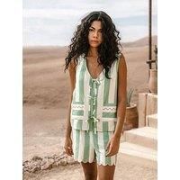 Chelsea Peers Tie Front Top With Front Pockets And Scallop Shortsstripe