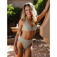 Chelsea Peers Stripe High Waisted Bikini Bottom In Multi Rib - Soft Green & Off White