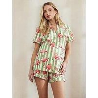 Chelsea Peers Maternity V Neck Button Up Short Pyjama Set - Flamingo Stripe Green
