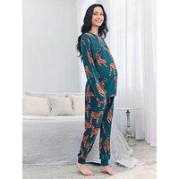 Chelsea Peers Chelsea Peers Maternity Long Sleeve Crew Neck Set With Tiger Print In Polyester