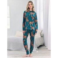 Chelsea Peers Long Sleeve Crew Neck Set With Tiger Print In Polyester - Teal