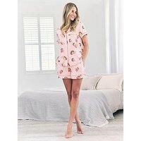 Chelsea Peers Short Sleeve Revere Short Set With Hedgehog Print In Polyester - Pink