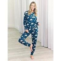 Chelsea Peers Long Sleeve Crew Neck Set With Sleeping Bunny Print In Polyester - Teal