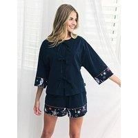 Chelsea Peers Tie Front Kimono Sleeve With Boxer Short Set - Navy