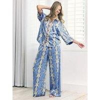 Chelsea Peers Long Button Up Set With 3/4 Length Sleeve In Moon Stripe Print In Satin