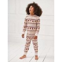 Chelsea Peers Unisex Kids Christmas Bear Fairisle Print Pyjamas - Light Cream