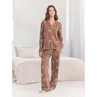 Chelsea Peers Classic Long Button Up Pyjama Set In Cotton - Brown