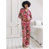 Chelsea Peers Christmas Long Button Up Pyjama Set - Red Print