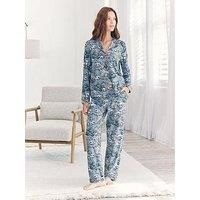 Chelsea Peers Classic Long Button Up Pyjama Set In Polyester - Blue