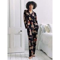 Chelsea Peers Ladies Christmas Long Button Up Printed Pyjama Set - Navy