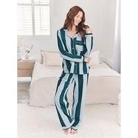 Chelsea Peers Classic Long Button Up Pyjama Set In Cotton - Blue