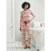 Chelsea Peers Ladies Christmas Long Sleeve Pyjama Set With Straight Leg Bottoms - White