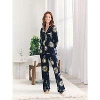 Chelsea Peers Classic Long Button Up Pyjama Set In Polyester - Navy - Dark Blue