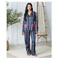 Chelsea Peers Classic Long Button Up Set With Star Pockets - Navy
